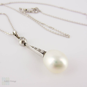 Antique Cultured Pearl & Old Mine Cut Diamond Pendant. Edwardian Tapered Drop, 18 ct White Gold.