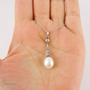 Antique Cultured Pearl & Old Mine Cut Diamond Pendant. Edwardian Tapered Drop, 18 ct White Gold.