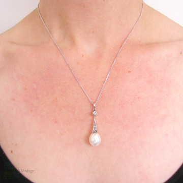 Antique Cultured Pearl & Old Mine Cut Diamond Pendant. Edwardian Tapered Drop, 18 ct White Gold.