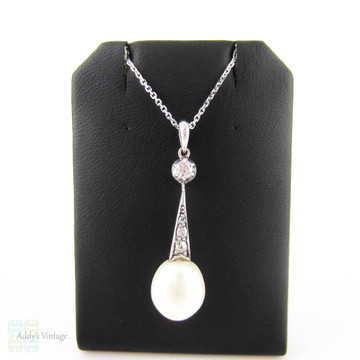 Antique Cultured Pearl & Old Mine Cut Diamond Pendant. Edwardian Tapered Drop, 18 ct White Gold.