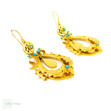 Antique 9ct Drop Earrings with Turquoise Paste. Victorian Leaf Design Articulated Dangle Earrings.