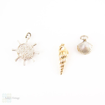 Vintage Nautical Themed Charms, Set of 3. 9ct Gold Cone Shell, Silver Clam Shell & Compass with Engraved Ships.