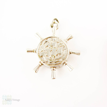 Vintage Nautical Themed Charms, Set of 3. 9ct Gold Cone Shell, Silver Clam Shell & Compass with Engraved Ships.