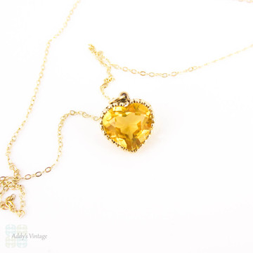 RESERVED. Antique Citrine Heart Pendant, Victorian Bright Sunshine Yellow Love Heart Charm in 9ct Gold with 9k Chain.