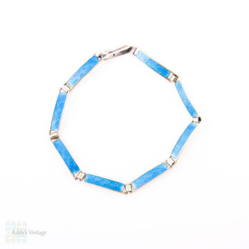 Antique Blue Enamel Bracelet, Guilloché Blue Enamel Sterling Silver Line Bracelet. Circa 1900.
