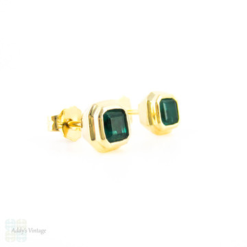 Emerald 18k Stud Earrings, Square Step Cut Vivid Green Emeralds Bezel Set in a Stepped 18ct Gold Mounting.