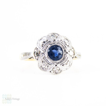 Vintage Sapphire & Diamond Daisy Engagement Ring, Blue Sapphire in Floral Shape with Milgrain Beading. Circa 1920s, 18ct & Platinum.