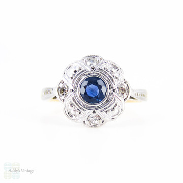 Vintage Sapphire & Diamond Daisy Engagement Ring, Blue Sapphire in Floral Shape with Milgrain Beading. Circa 1920s, 18ct & Platinum.