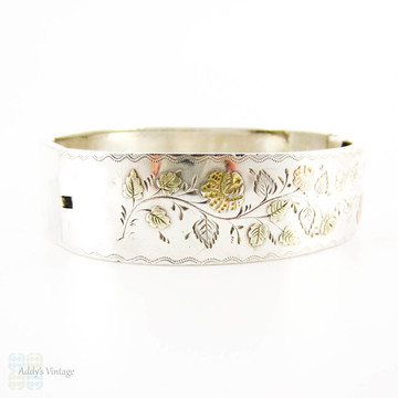 Victorian Silver & 9ct Gold Bangle Bracelet, Antique Bracelet with Rose, Green & Yellow Gold Flower Design. Circa 1880s.