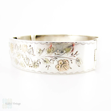Victorian Silver & 9ct Gold Bangle Bracelet, Antique Bracelet with Rose, Green & Yellow Gold Flower Design. Circa 1880s.