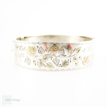 Victorian Silver & 9ct Gold Bangle Bracelet, Antique Bracelet with Rose, Green & Yellow Gold Flower Design. Circa 1880s.