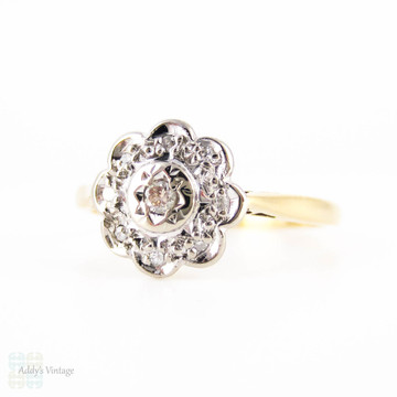 Vintage Diamond Daisy Engagement Ring, Floral Shaped Cluster Ring. 18 Carat Gold, Circa 1960s.