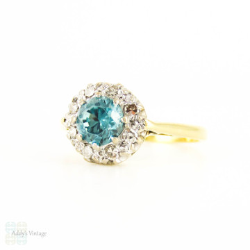 Vintage Blue Zircon & Diamond Ring, Retro 1960s Zircon with Diamond Halo Cluster Ring, 18 Carat Yellow Gold.