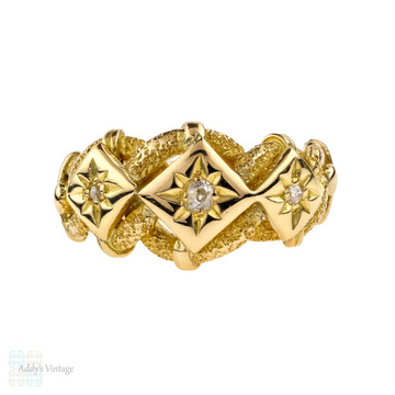 Triple Lover's Knot Diamond Ring, Engraved Keeper Band, 18k 18ct Gold, Circa 1910s.