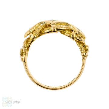 Triple Lover's Knot Diamond Ring, Engraved Keeper Band, 18k 18ct Gold, Circa 1910s.