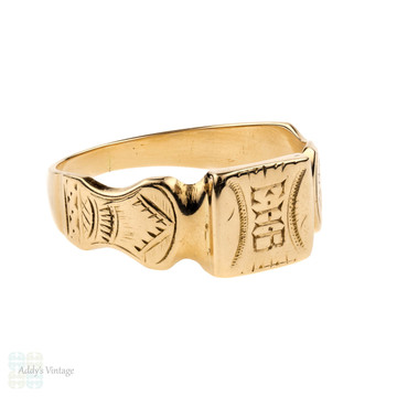 Antique 18ct Gold Signet Ring, Square Engraved Ring with Monogram EHB. Mens or Womens, Circa 1900.