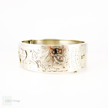 Antique Victorian Sterling Silver Bracelet, Engraved Morning Glory Flower Blossom Bangle. Full English Hallmarks, 1880s.