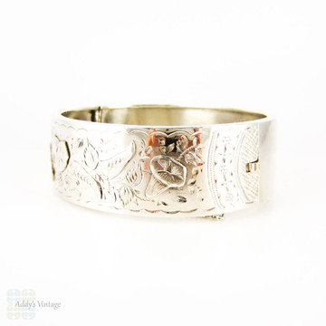 Antique Victorian Sterling Silver Bracelet, Engraved Morning Glory Flower Blossom Bangle. Full English Hallmarks, 1880s.