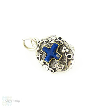 Antique Silver & Lapis Lazuli Locket, Edwardian French Pendant with Cherub and Grape Leaf Design, Circa 1900.