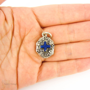 Antique Silver & Lapis Lazuli Locket, Edwardian French Pendant with Cherub and Grape Leaf Design, Circa 1900.