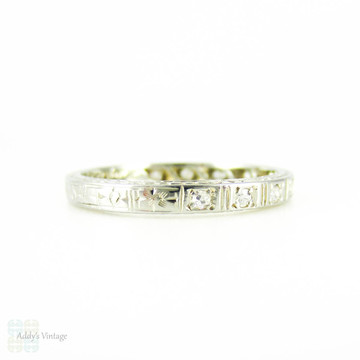 Diamond Wedding Ring, Art Deco 18K Flower Engraved Wedding Band by Belais. Circa 1930s, Size M.5 / 6.5.