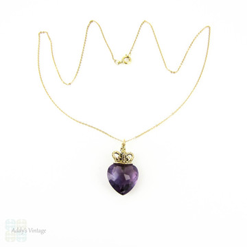 Crowned Amethyst Heart Pendant, 9ct Gold Purple Amethyst with Imperial State Coronation Crown on 9k Chain.