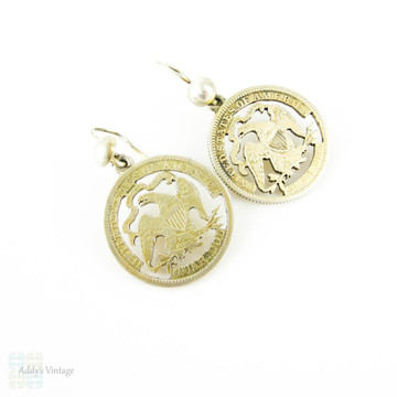 Antique US Coin Earrings, Silver 1870s Pierced American Quarters on Sterling Ear Wires.