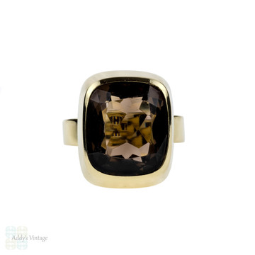 Mid Century Smoky Quartz Ring, Large Cushion Cut Single Stone Brown Quartz Bezel Set in 14k Yellow Gold.