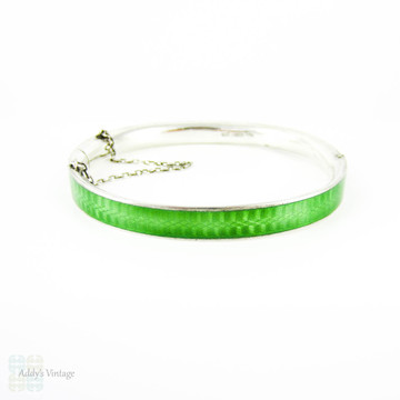 Antique Green Guilloché Enamel Bangle Bracelet, Spring Green & Silver Bracelet. Circa Early 1900s.