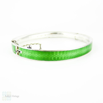 Antique Green Guilloché Enamel Bangle Bracelet, Spring Green & Silver Bracelet. Circa Early 1900s.