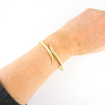 Vintage 9ct Snake Bracelet, Sprung Yellow Gold Serpent Bangle with Spinel Eyes.