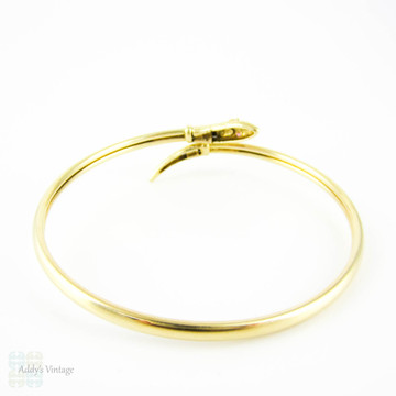 Vintage 9ct Snake Bracelet, Sprung Yellow Gold Serpent Bangle with Spinel Eyes.
