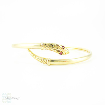 Vintage 9ct Snake Bracelet, Sprung Yellow Gold Serpent Bangle with Spinel Eyes.