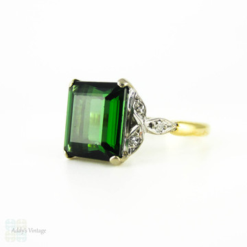 Vintage Green Tourmaline & Diamond Engagement Ring, 1940s Square Step Cut Gem in Leaf Shape 18ct Setting.
