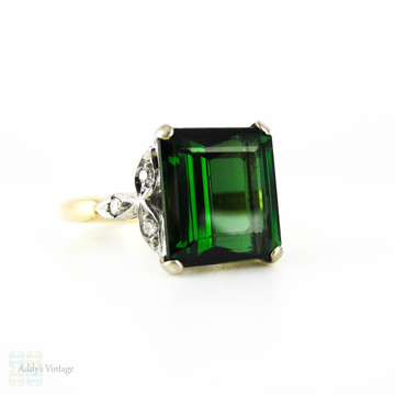 Vintage Green Tourmaline & Diamond Engagement Ring, 1940s Square Step Cut Gem in Leaf Shape 18ct Setting.