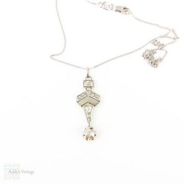 Rose Cut Diamond Pendant, Antique 18ct White Gold Necklace on 9k Chain, Circa 1910s.