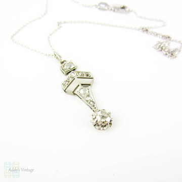 Rose Cut Diamond Pendant, Antique 18ct White Gold Necklace on 9k Chain, Circa 1910s.