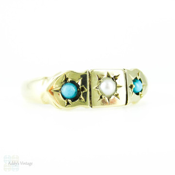 Vintage Turquoise Paste & Cultured Pearl 9ct Gold Ring, Circa 1980s.