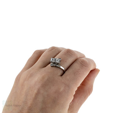 Old Cut Diamond Engagement Ring, Toi et Moi Crossover Design. 0.65 ctw, 14k White Gold.