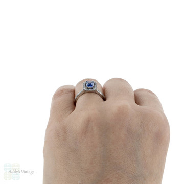 Platinum Blue Sapphire Engagement Ring with Diamond Halo, Rectangular Shape Engagement Ring.