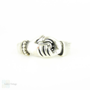  Vintage Fede Gimmel Ring, Sterling Silver Wedding Band Clasped Hands Over Heart. Circa 1960s, Size L / 5.75.