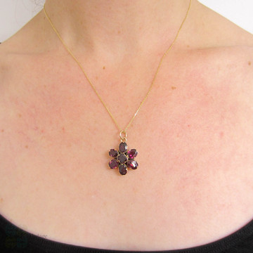 Victorian Garnet Flower Pendant, Gilt Metal Antique Pendant on 9k Yellow Gold Chain.