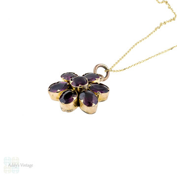 Victorian Garnet Flower Pendant, Gilt Metal Antique Pendant on 9k Yellow Gold Chain.