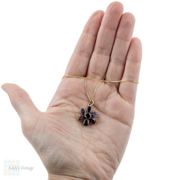 Victorian Garnet Flower Pendant, Gilt Metal Antique Pendant on 9k Yellow Gold Chain.