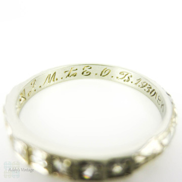 Vintage Diamond Wedding Ring, 1930s Half Hoop 9 Stone Band with Engraved Flowers. 18 ct, Size K.5 / 5.5.