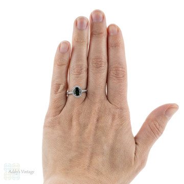 Tourmaline & Diamond Engagement Ring in Platinum, Oval Cut Green Tourmaline with Diamond Halo.