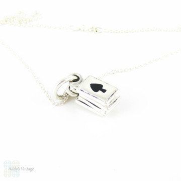 Silver Playing Card Charm, Vintage Black Enamel Card Suit on Sterling Silver Adjustable Chain.