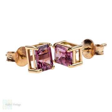Pink Spinel 18ct Rose Gold Earrings, Emerald Cut 1.78 ctw Bubblegum Pink Spinel Stud Earrings.