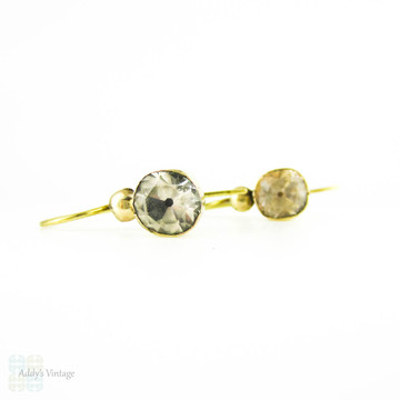 Antique Paste Conversion Earrings, Georgian Black Dot Old Cut Paste Drop Earrings in Gilt Metal. Circa 1800s.