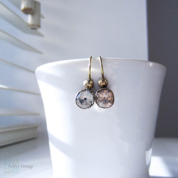 Antique Paste Conversion Earrings, Georgian Black Dot Old Cut Paste Drop Earrings in Gilt Metal. Circa 1800s.